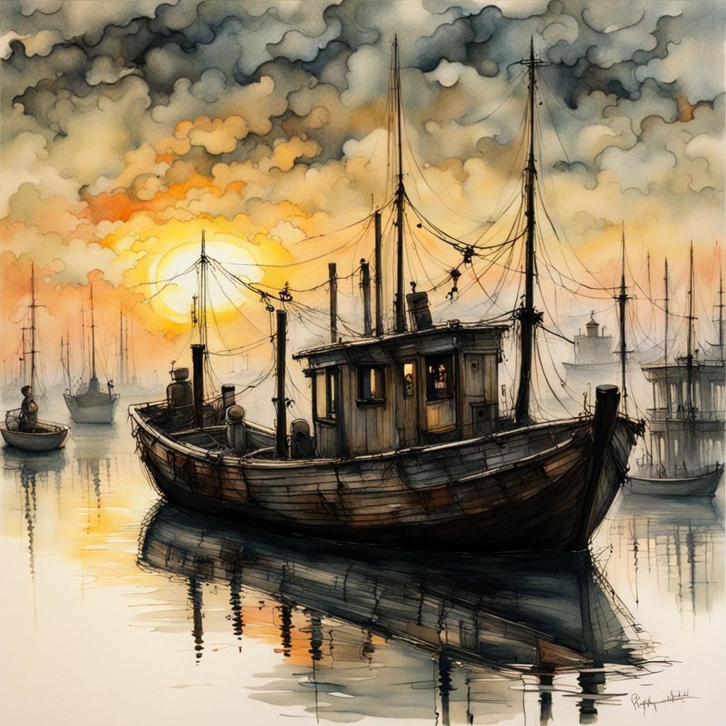 Fishing Boat in Misty Sunrise Harbor: Watercolor and Ink
