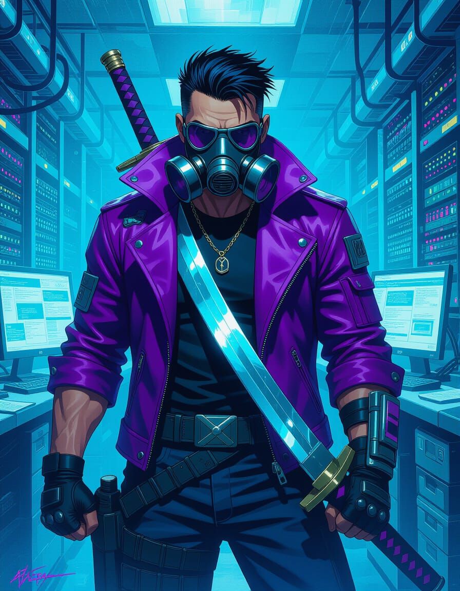 Cyberpunk Swordfighter in Dimly Lit Server Room