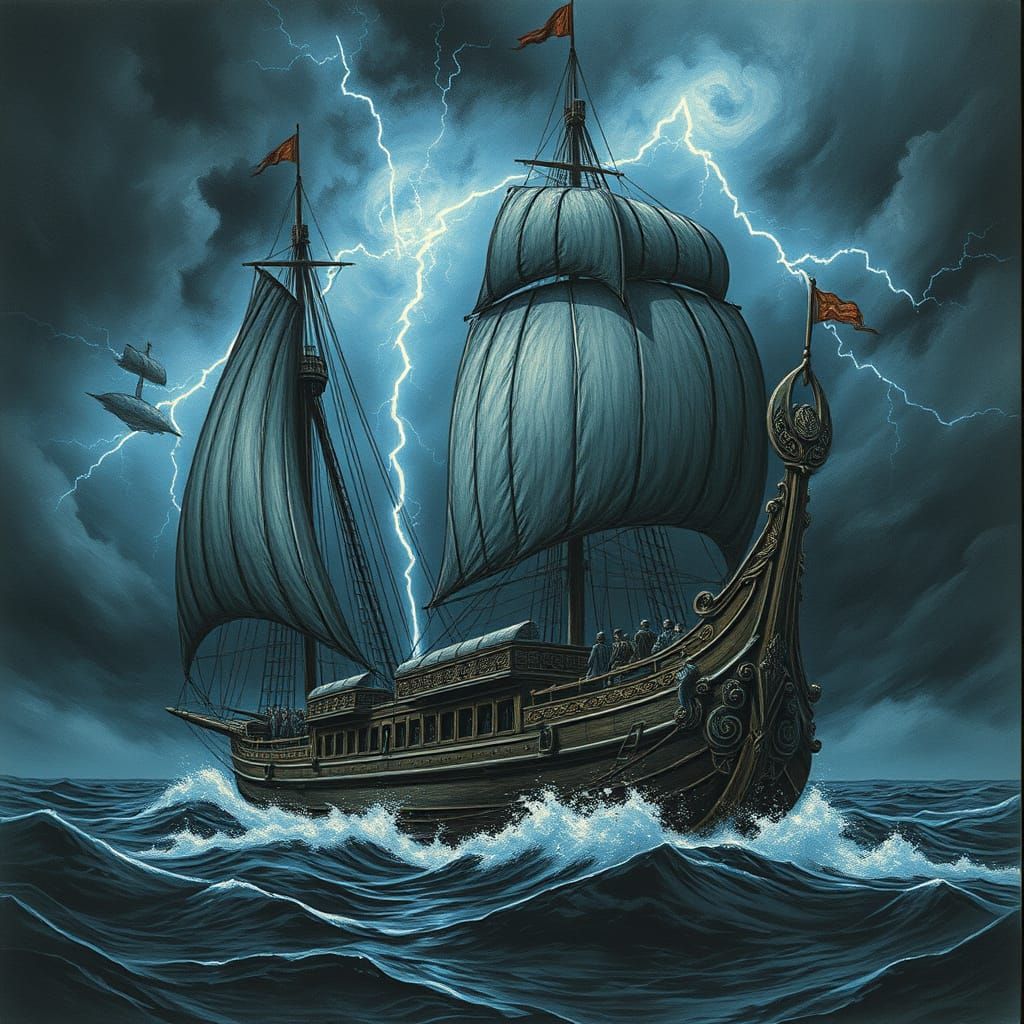 Legendary Ship in Turbulent Stormy Skies