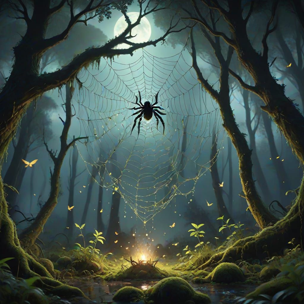 Night Birds Chase Through Forest in Fantasy Art