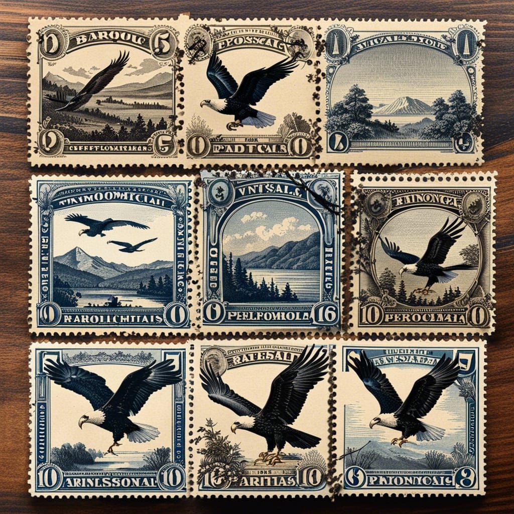 Baroque Postal Stamps with Eagle Sketch