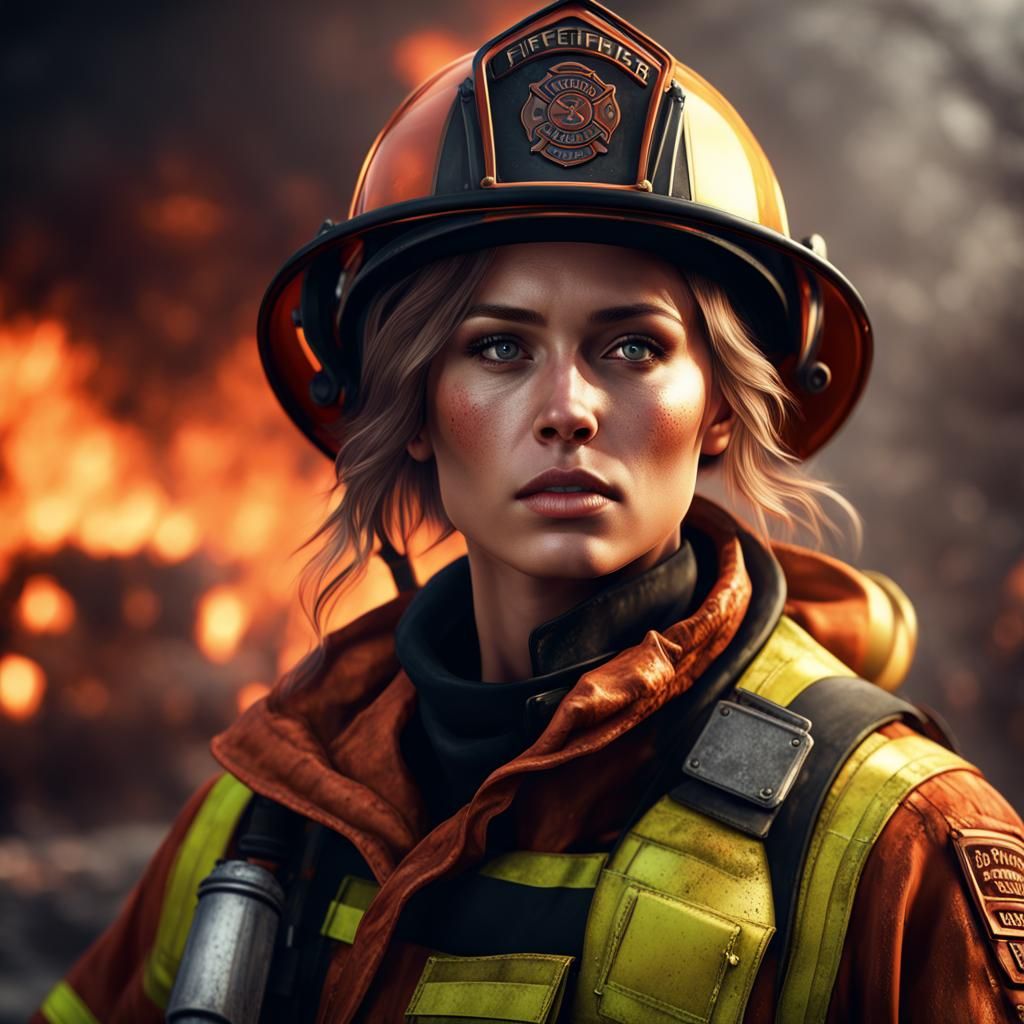 Intense Female Firefighter, Detailed Matte Painting