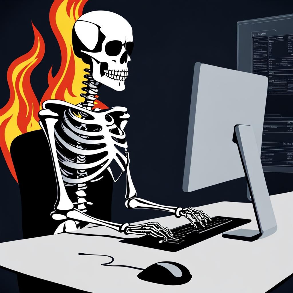 Skeleton Smirking at Computer Desk Amidst Flames