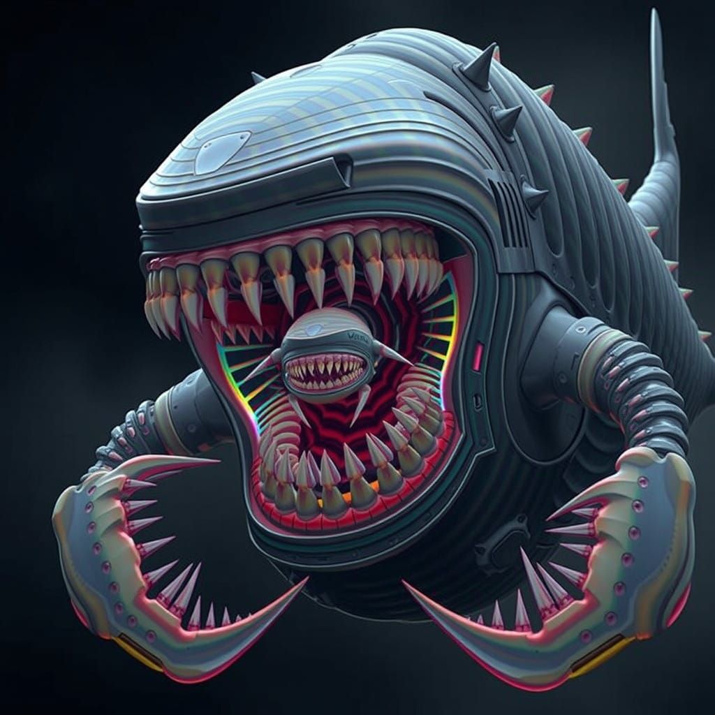 Biomechanical Alien Shark with Neon Armor