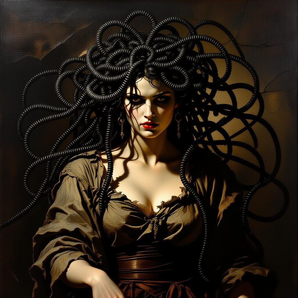 Medusa in Chiaroscuro Style with Steel Cable Hair