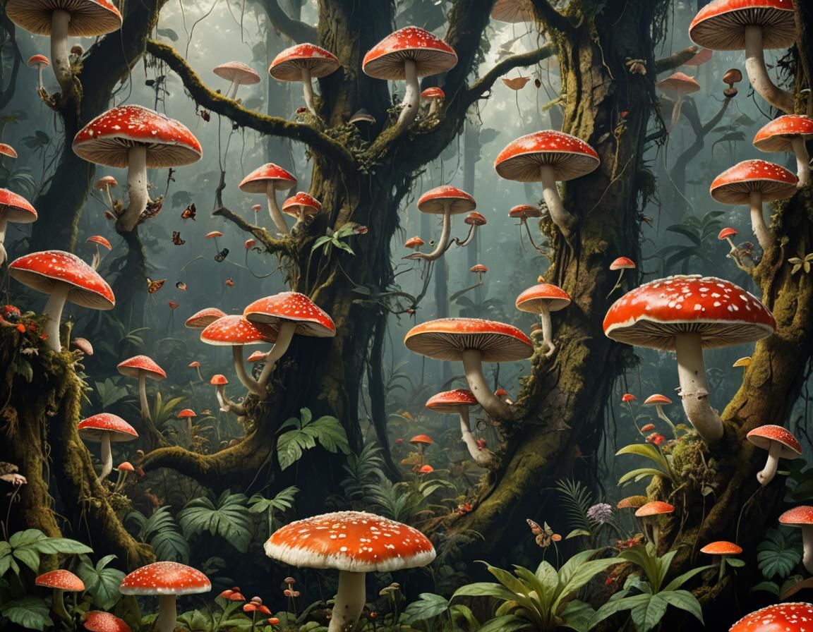 Lush Jungle Scene with Amanita Fungi