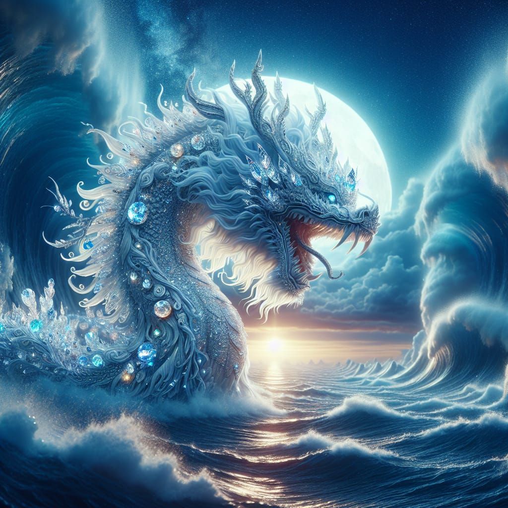 A white coated dragon with glamourous sparkling gems over its body, in light while roaring to protect itself in the ocea...