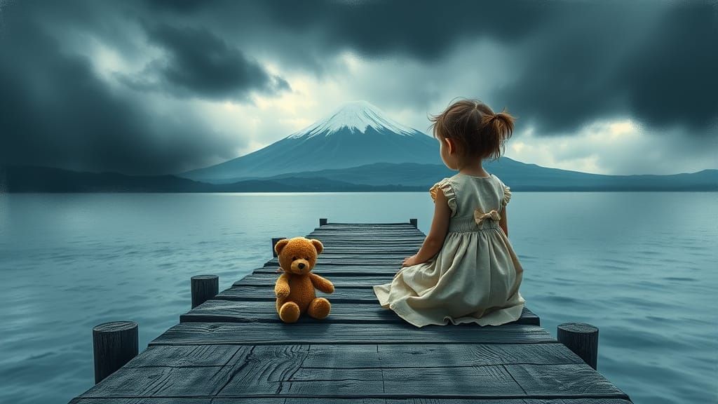 Girl Gazing at Mount Fuji on Stormy Lake Pier