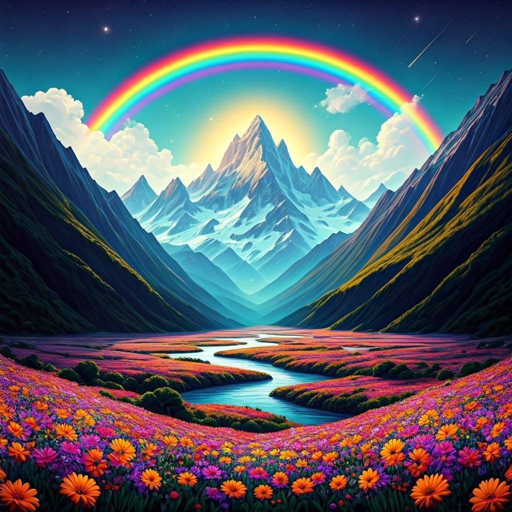 Surreal Rainbow Arcs Above Majestic Mountain Peaks with Vibr...