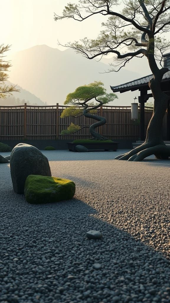 Zen Garden with Bonsai in Muted Tones