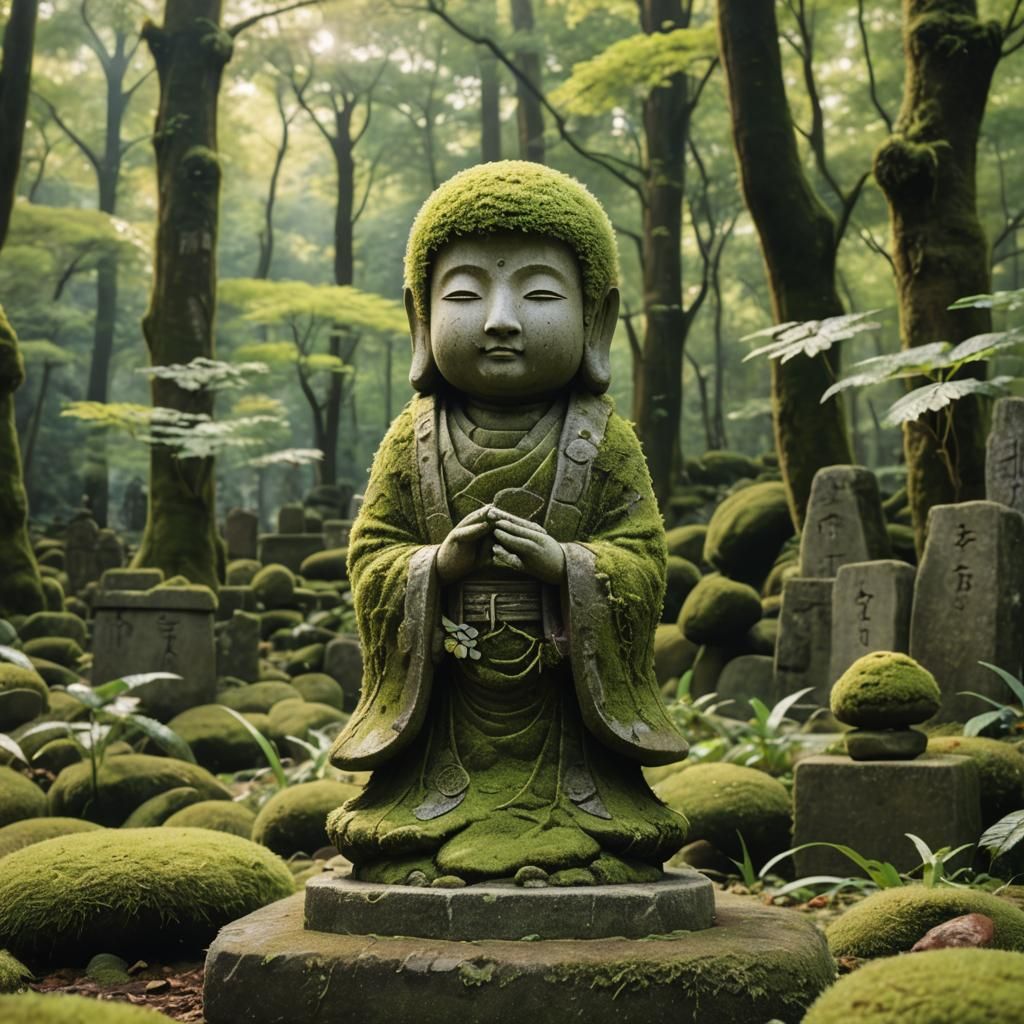 Moss-Covered Jizo in Untouched Forest: Japanese Folklore Art