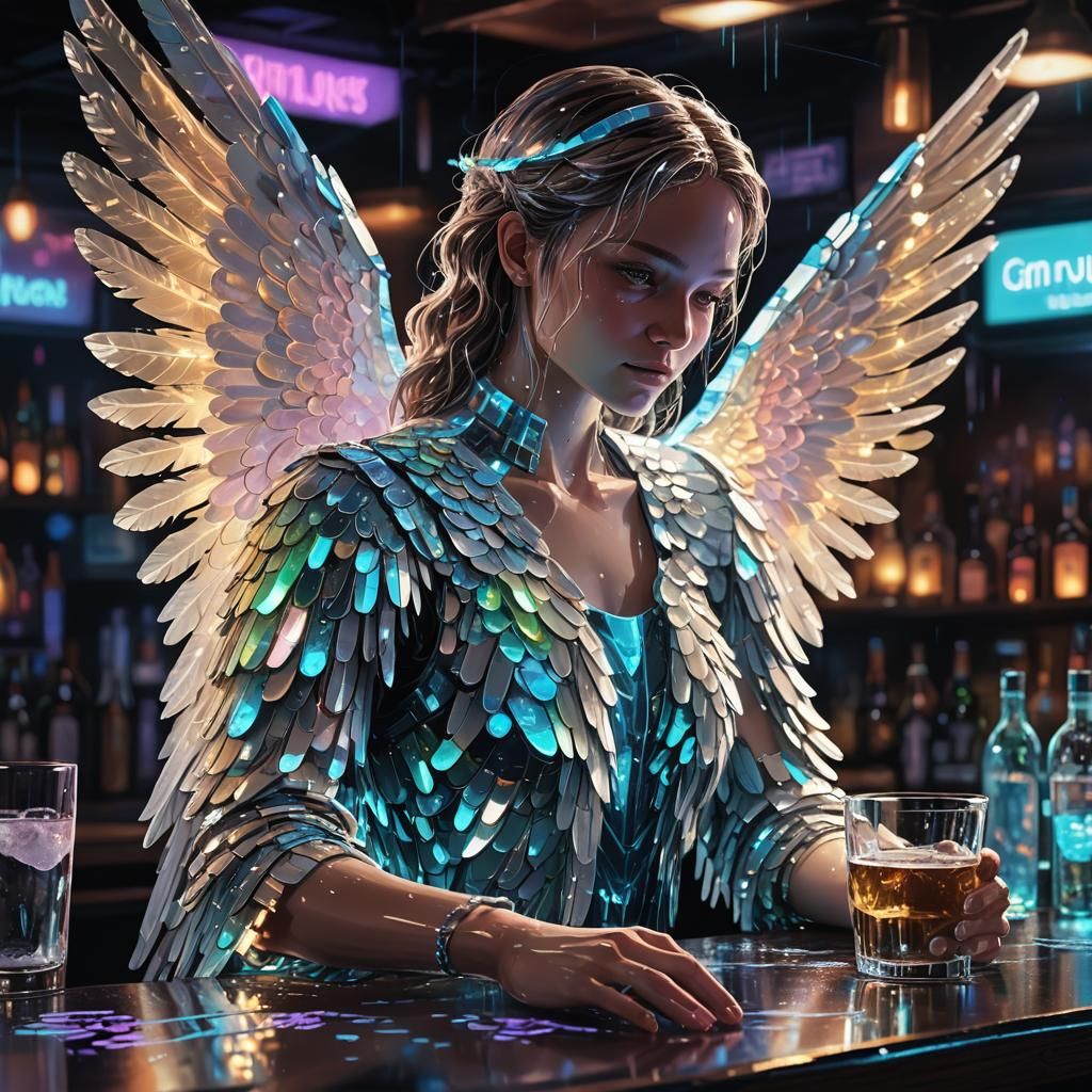Bioluminescent Pixel Art Angel at a Neon Bar