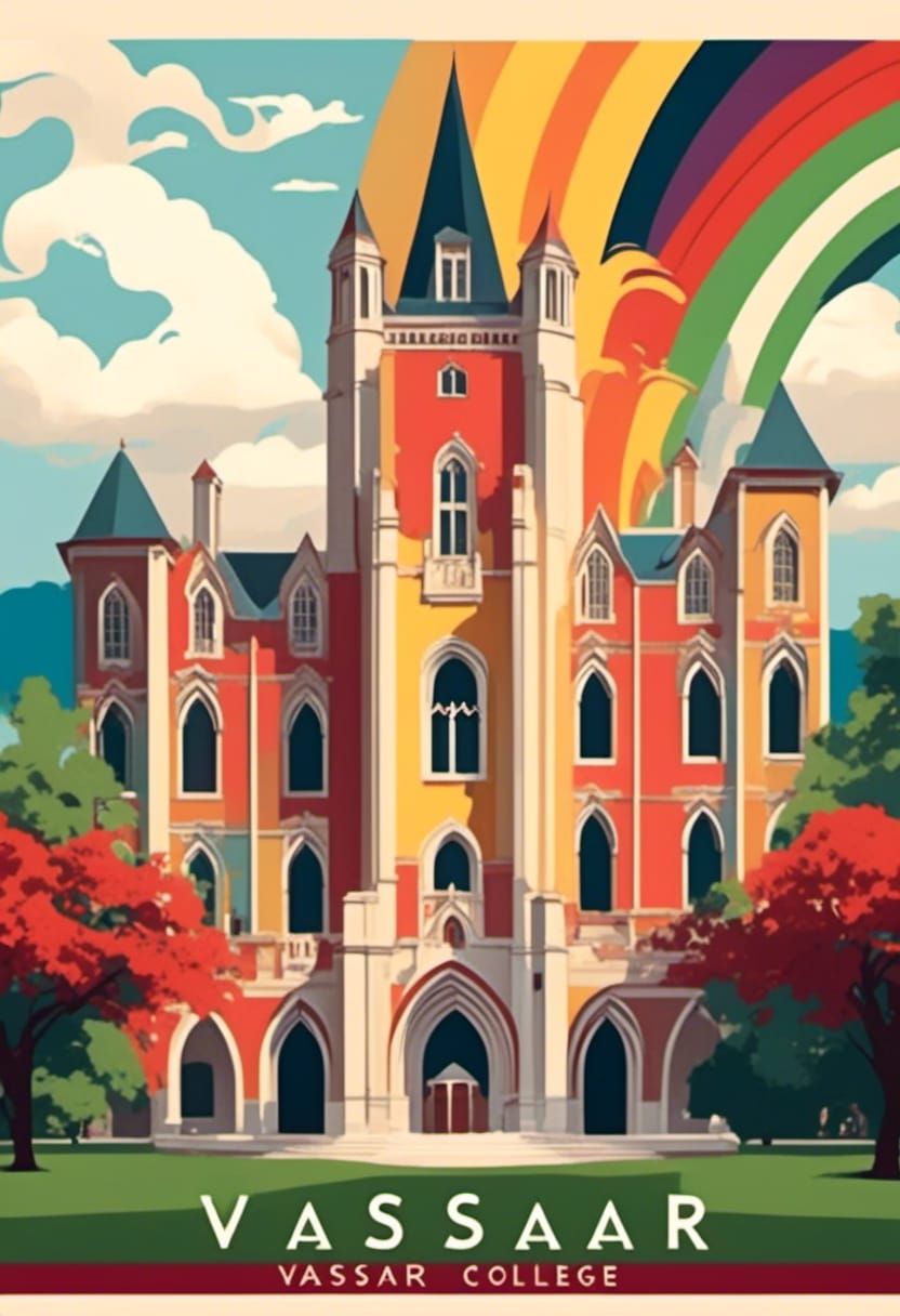 A rainbow travel poster for Vassar College in the style of <...