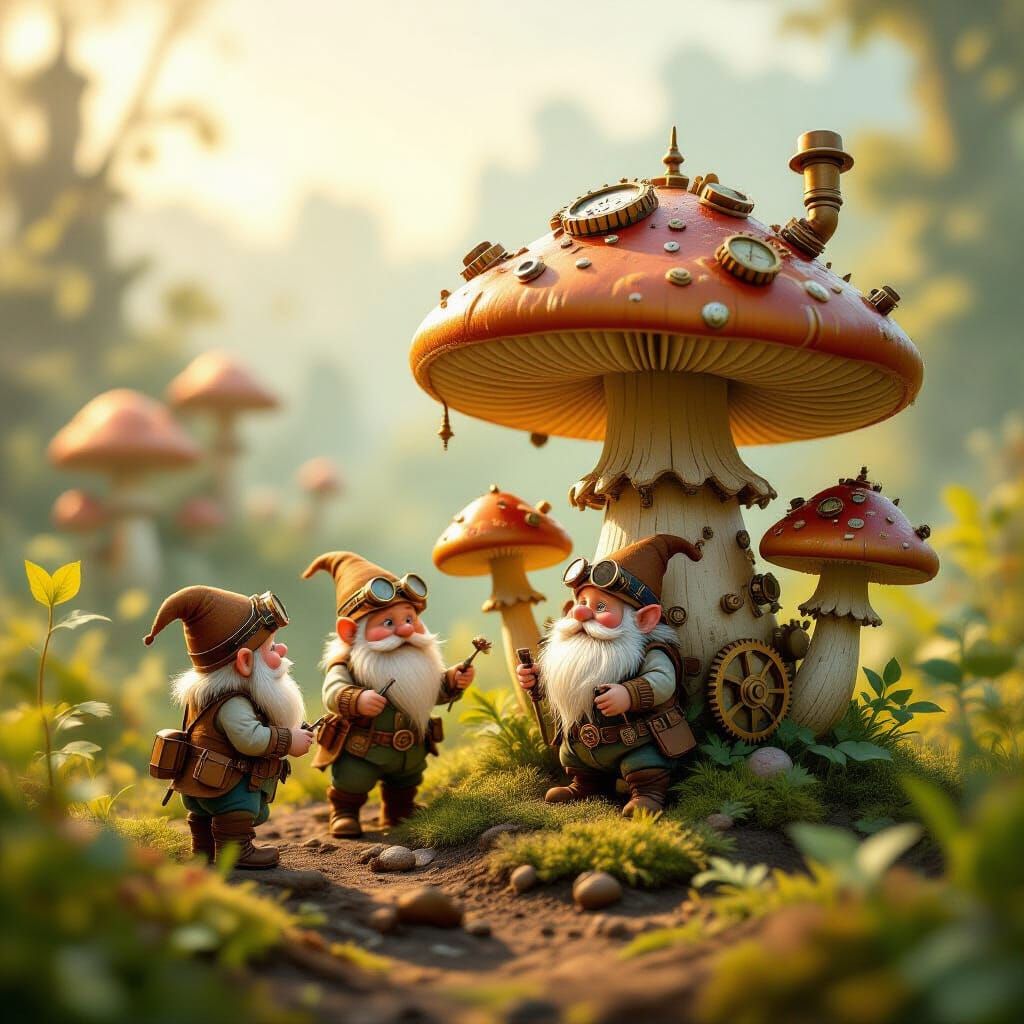 Steampunk Dwarves Tend Clockwork Mushroom Garden