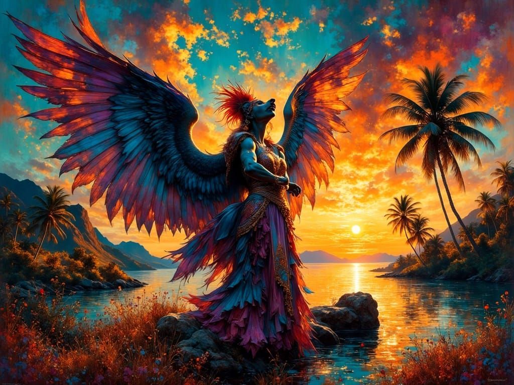 Hybrid Angelic Hyena in Vibrant Sunset Ceremony