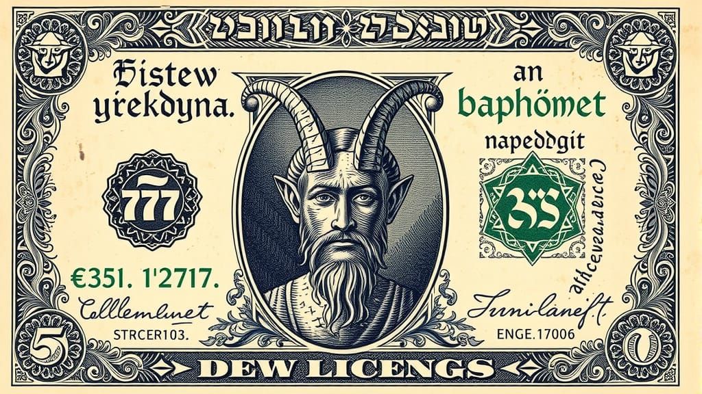 Baphomet Lithograph on Cabala Money in Blue and Green