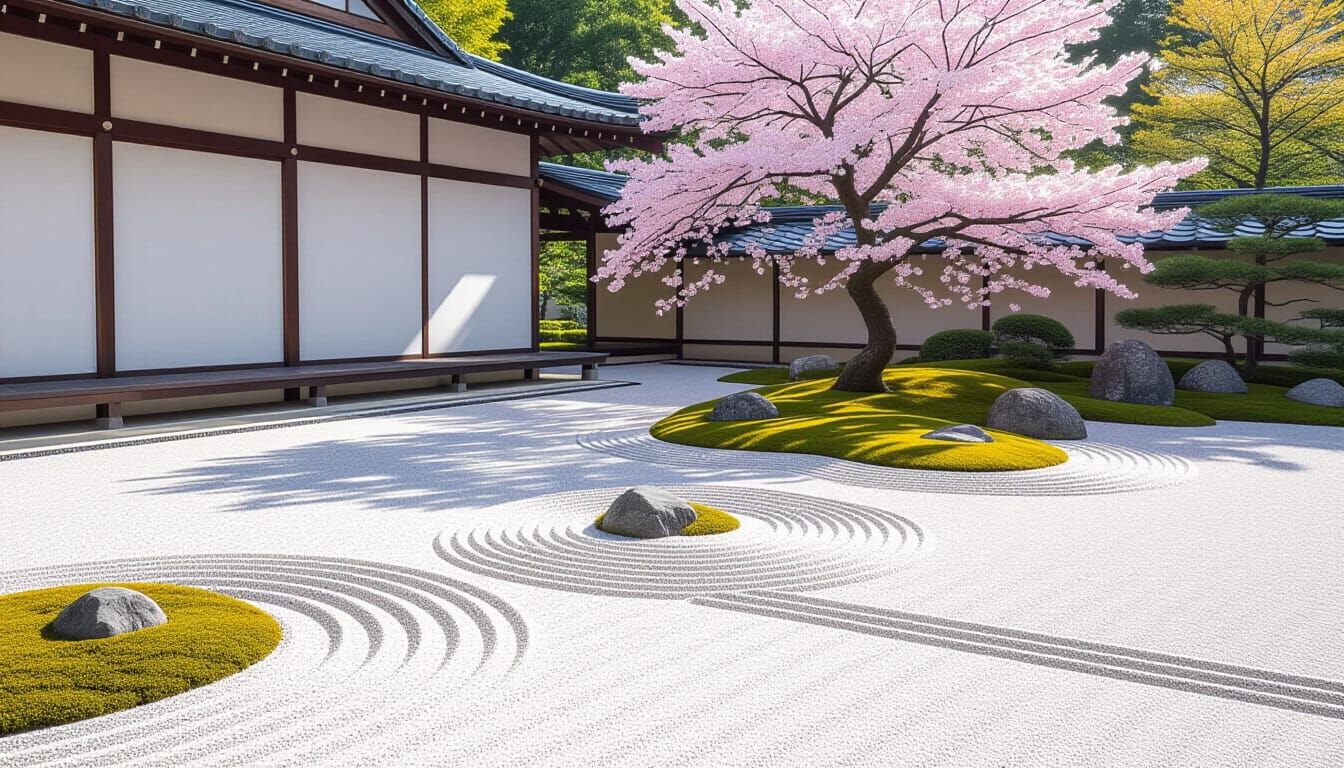 Minimalist Zen Garden with Cherry Blossom Tree