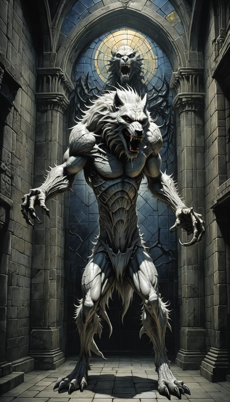 Muscular Werewolf Howling in Dark Gothic Castle