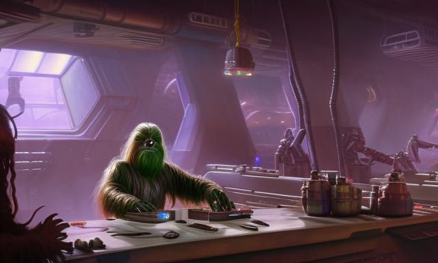Wookiee Repairs Droids in Cyberpunk Cantina