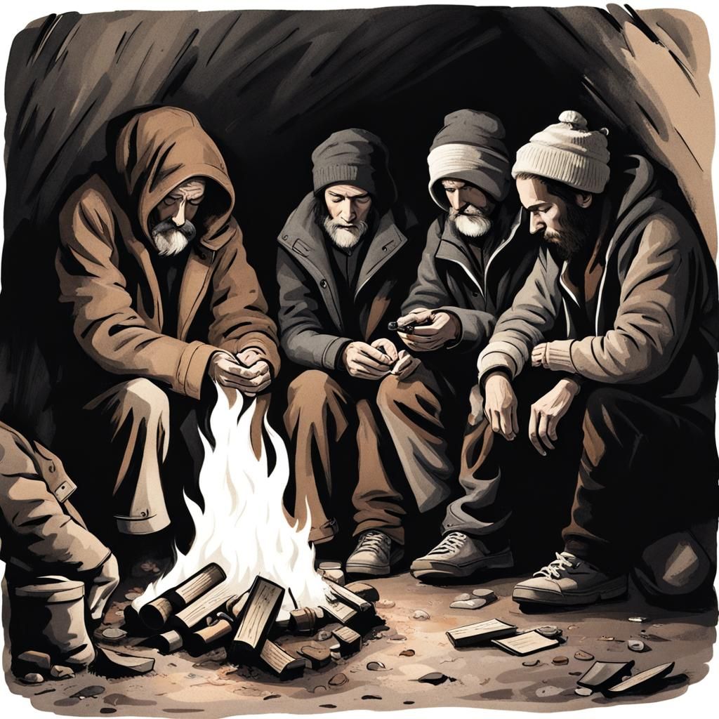 Homeless People Gathered Around Fire Underground