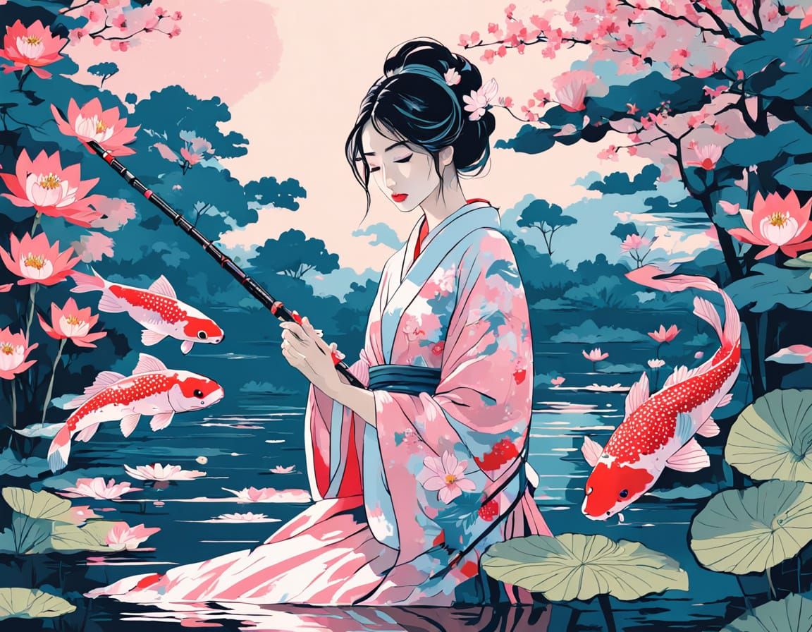 Pink Kimono Girl Fishing in a Dreamy Japanese Pond