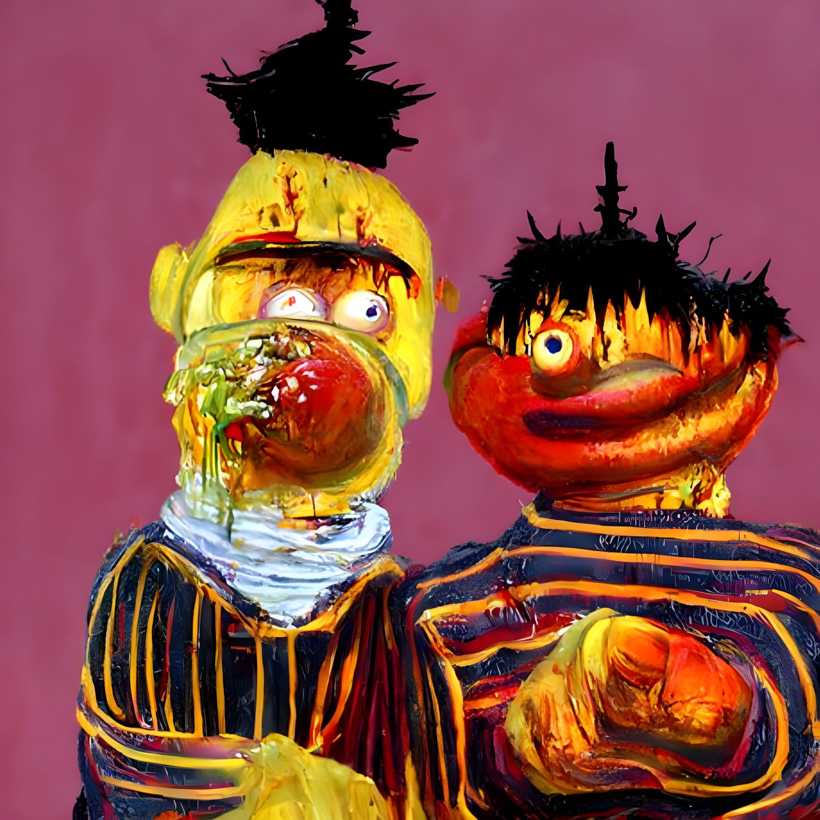 Creepy Bert and Ernie in Dystopian Horror Style