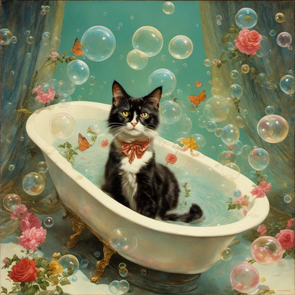Cat in Bathtub with Bubbles, Dreamlike Quality