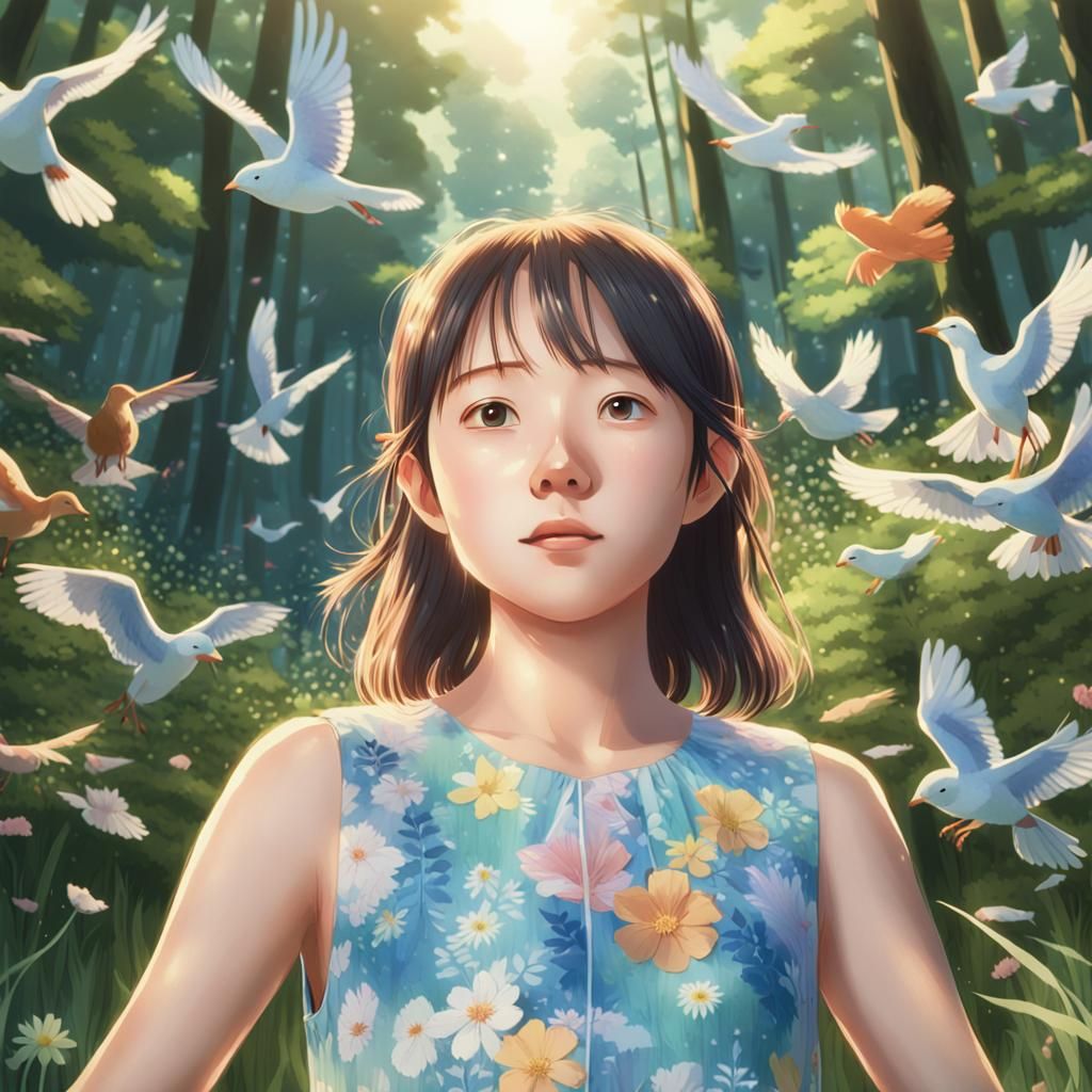 Vibrant Anime Girl in Summer Meadow with Animals