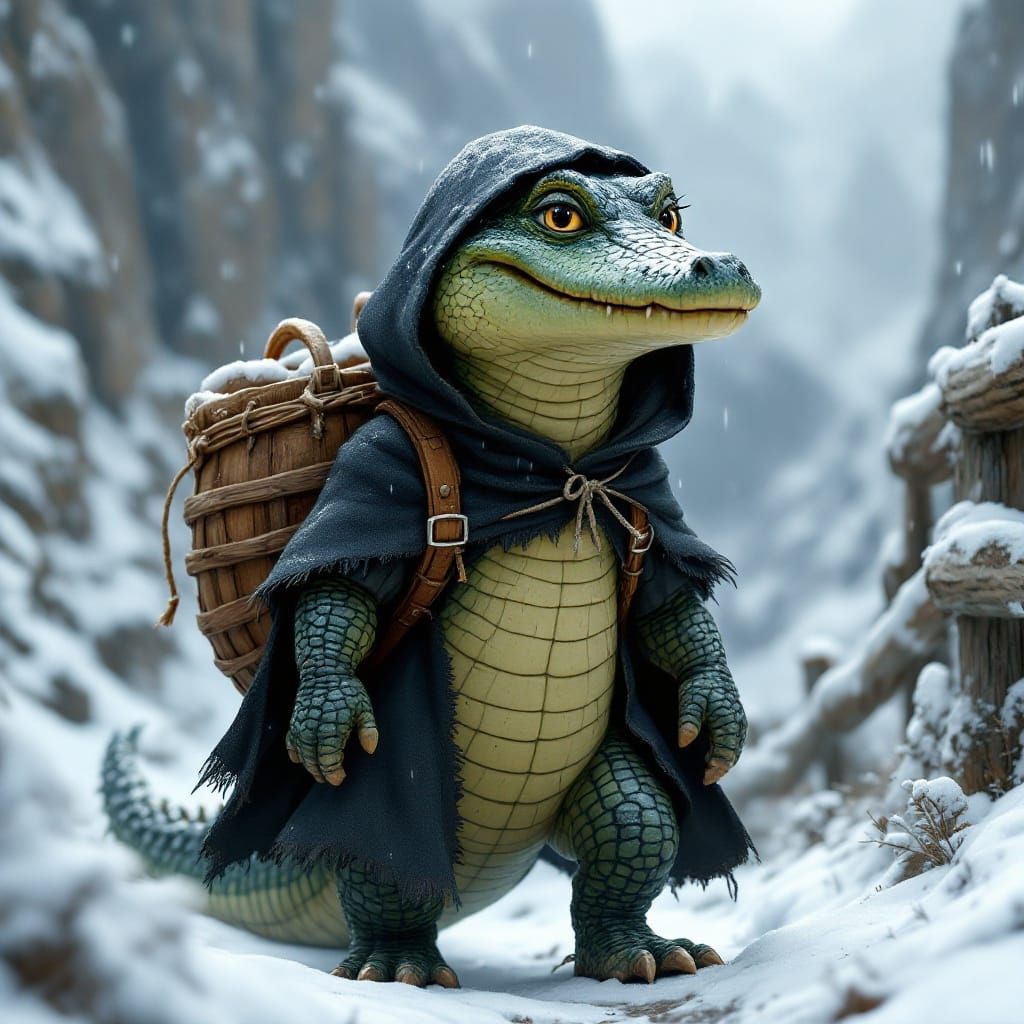 Alligator Adventurer in Snowy Mountains