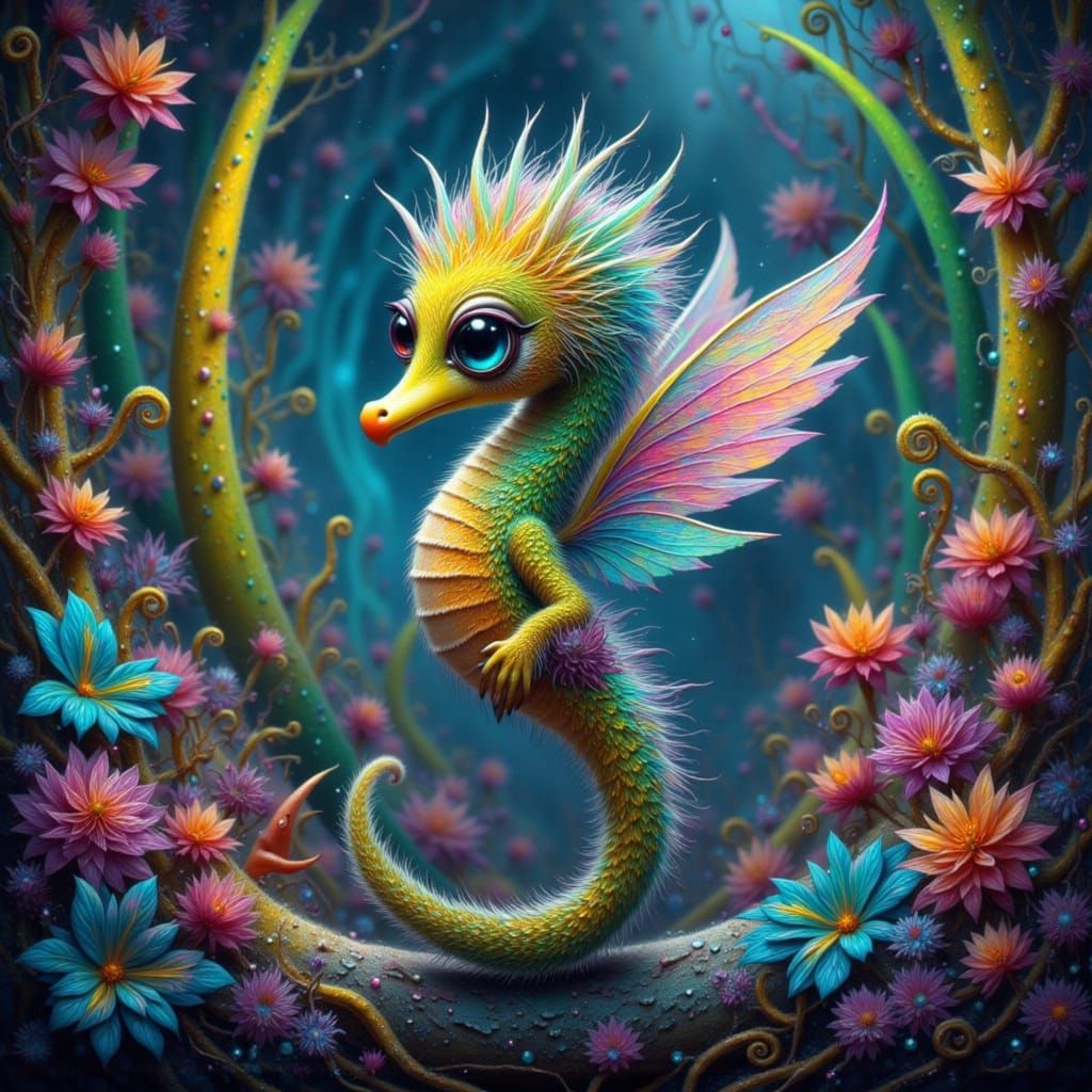 Iridescent Seahorse with Wings in Crystal Cave
