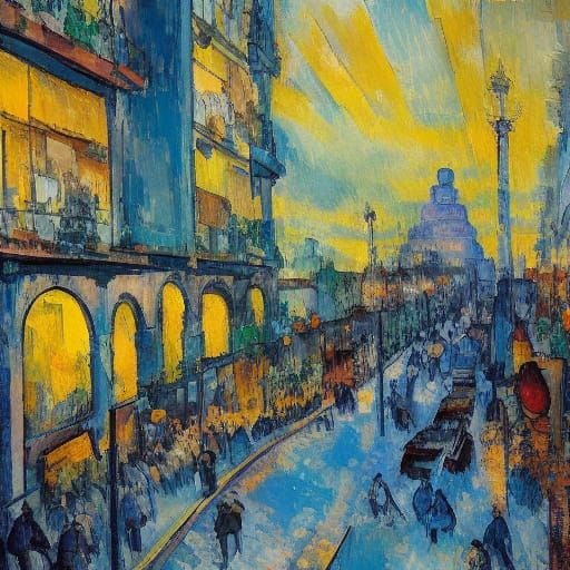 Unhappy People in Twisted City as Impressionist Painting
