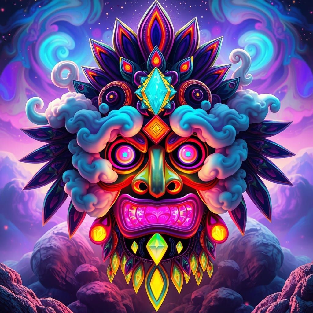 Celestial Shamanic Mask in Cosmic Colors with Psychedelic Pa...
