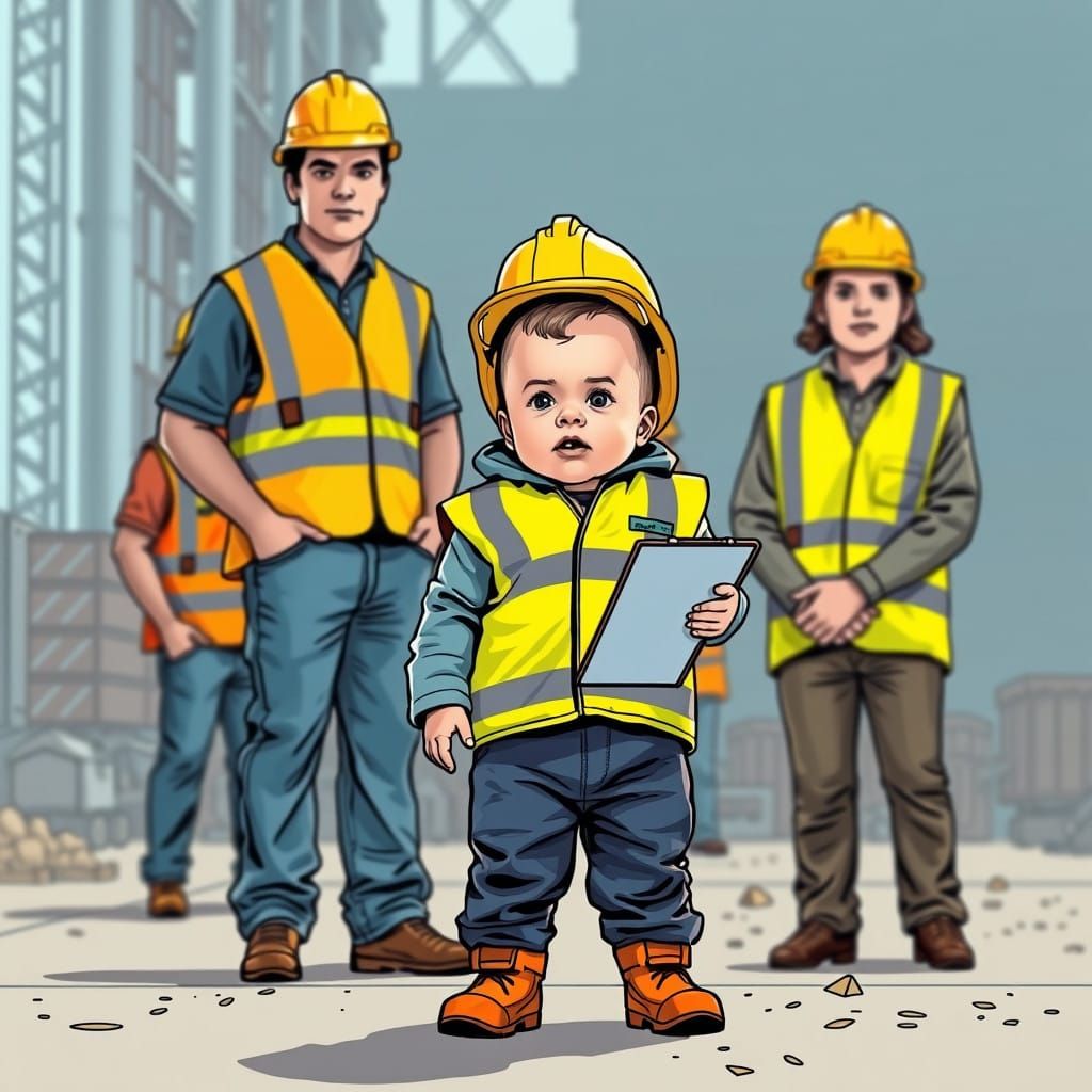 Workplace Scene with Baby Supervisor in High Vis Uniform