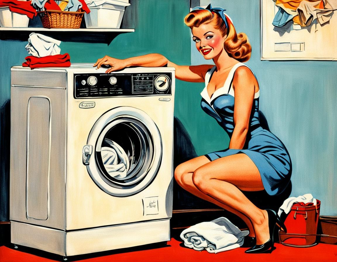 1960s Pin-Up Art: Woman and Laundry Machine