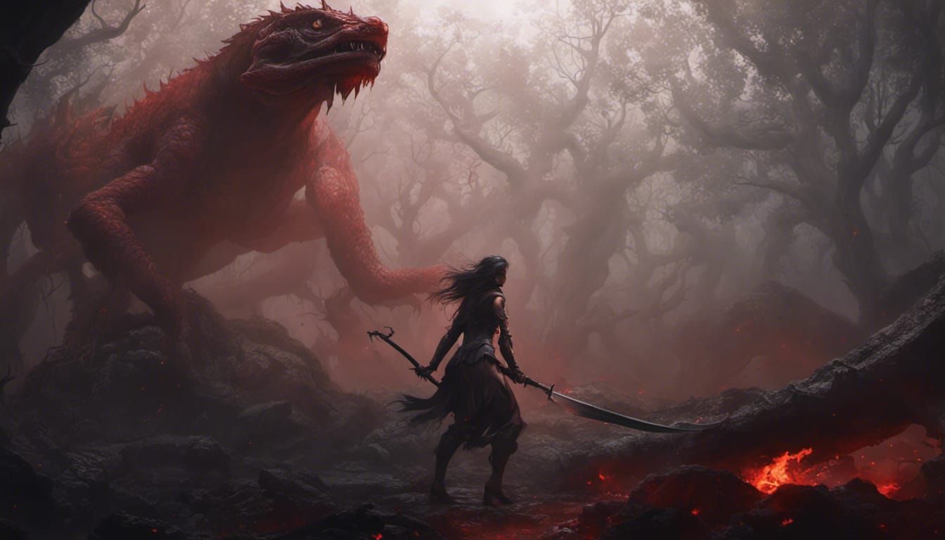Woman vs Basilisk in Red Mist: Dark Fantasy Art