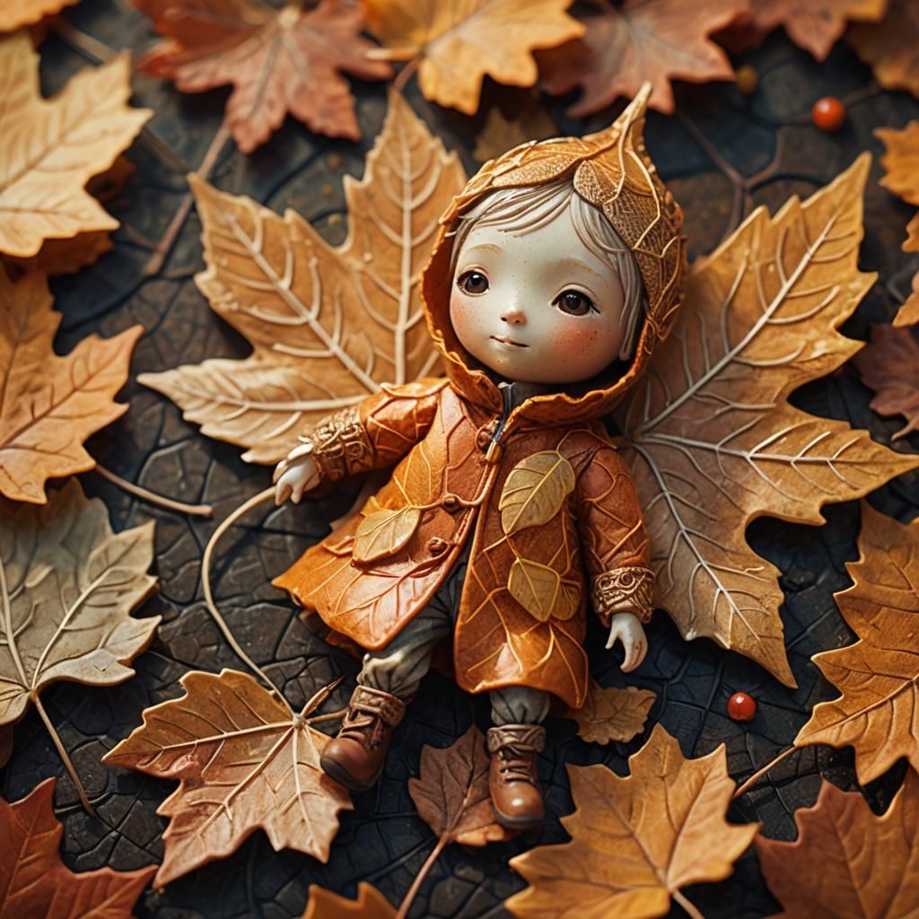 Tiny Person on Falling Leaf: Fantasy Illustration