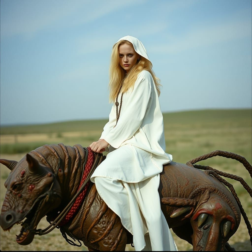 Cleric Rides Mutant Creature in Beksinski-Inspired Landscape