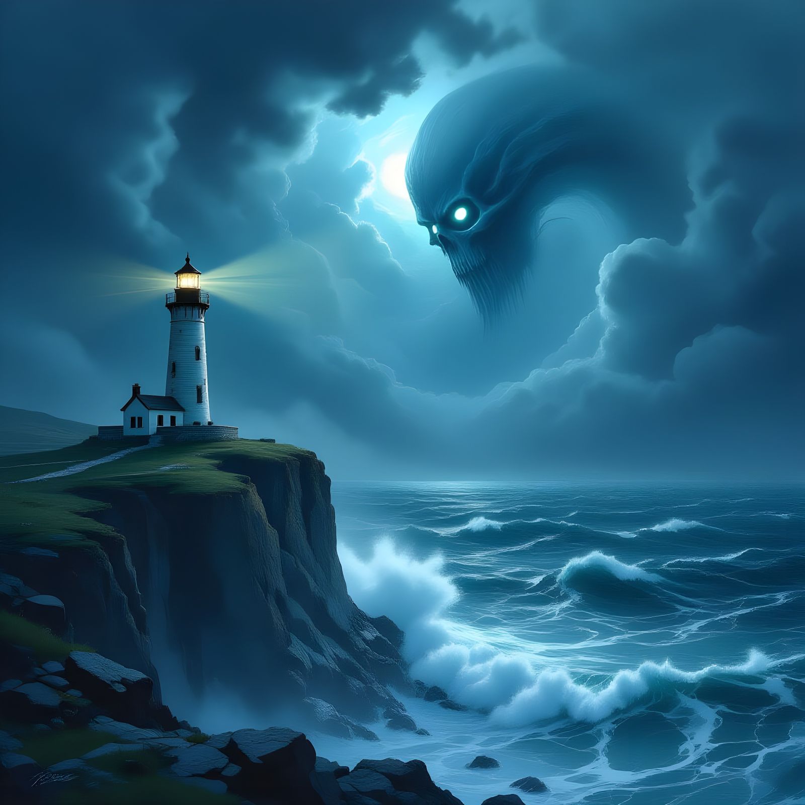 Lighthouse Against Giant Tidal Wave in Dark Fantasy Style