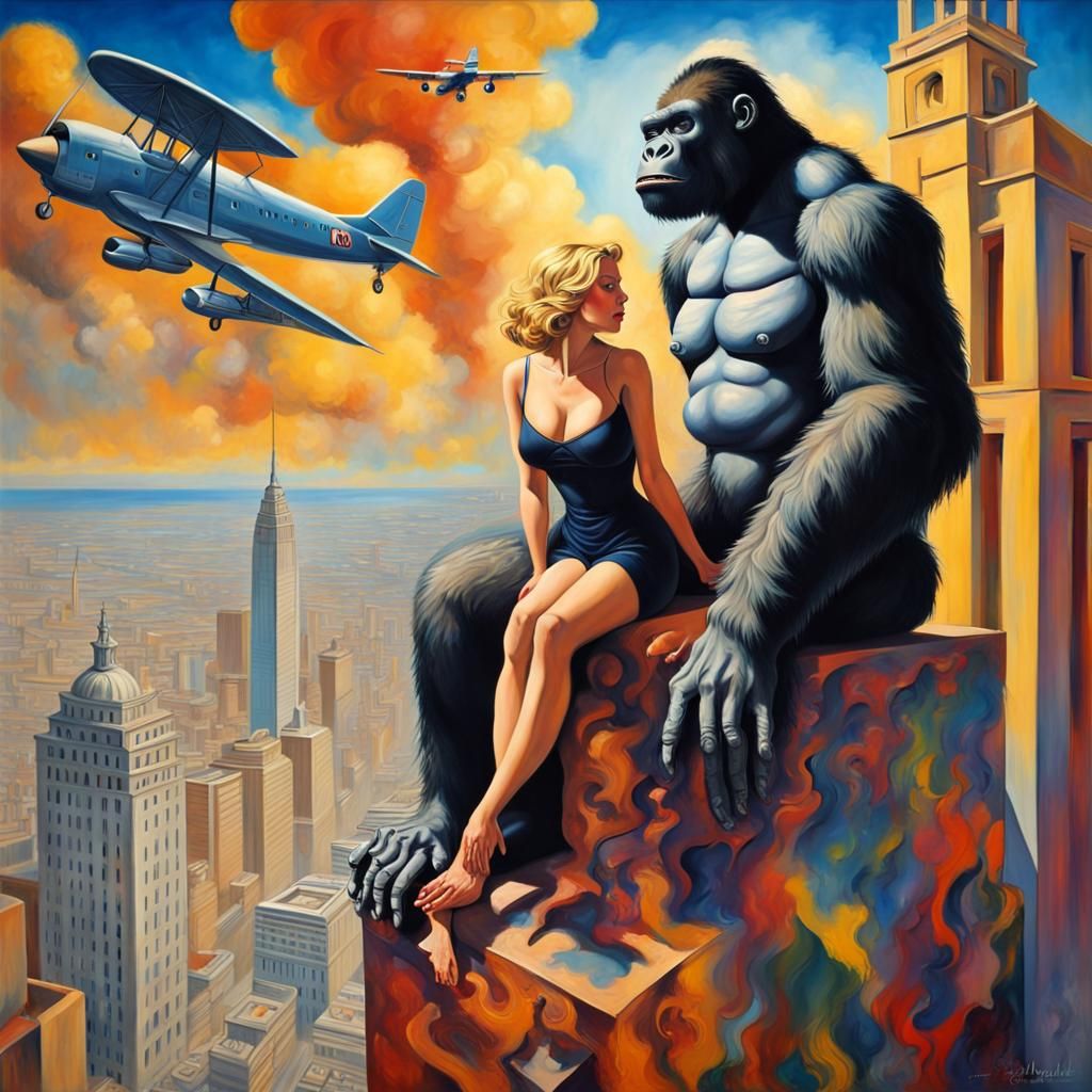 A cyborg King Kong standing on top of impire state building attacking a tripple decker plane, a beautiful woman sitting