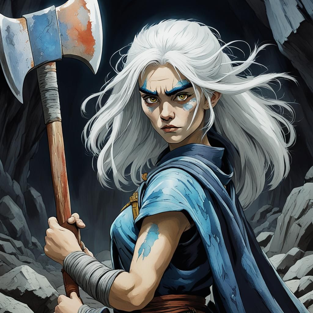 Blue-Skinned Warrior Woman in Ukiyo-e Comic Style