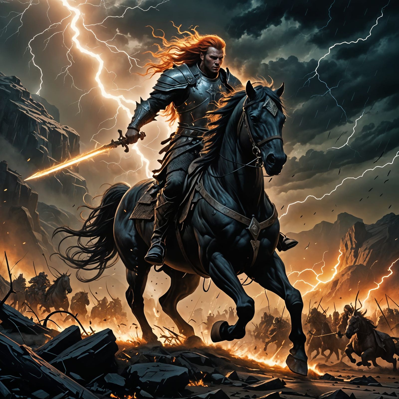 Warrior Rides Spectral Horse Through Fiery Battlefield