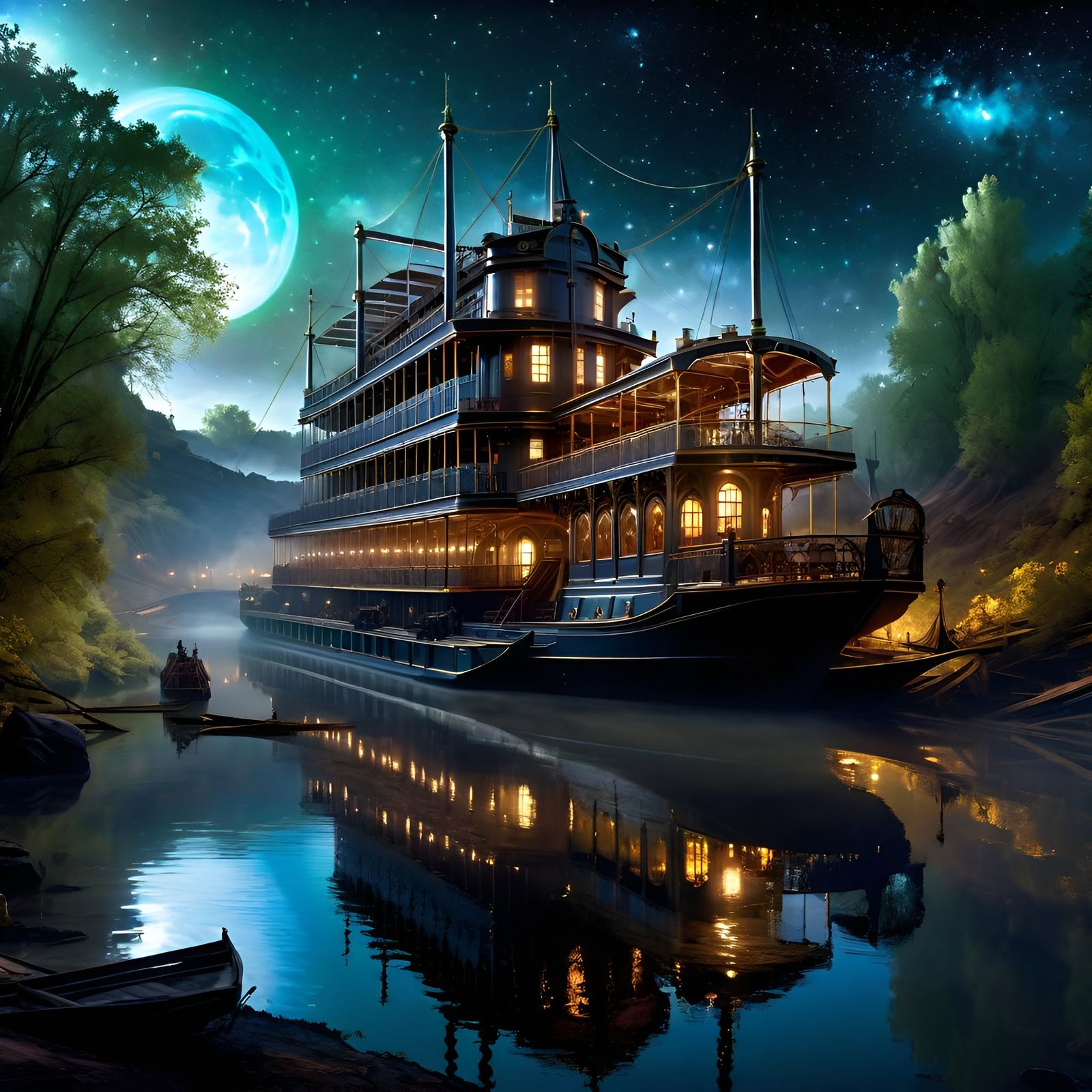 Steampunk River Boat Fantasy Digital Illustration