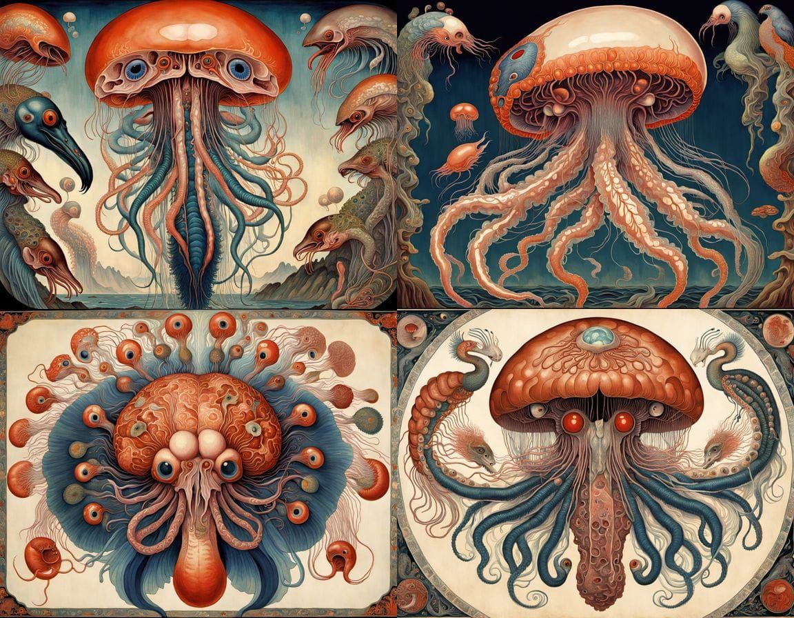 Surreal Homunculus with Jellyfish and Peacock Beak