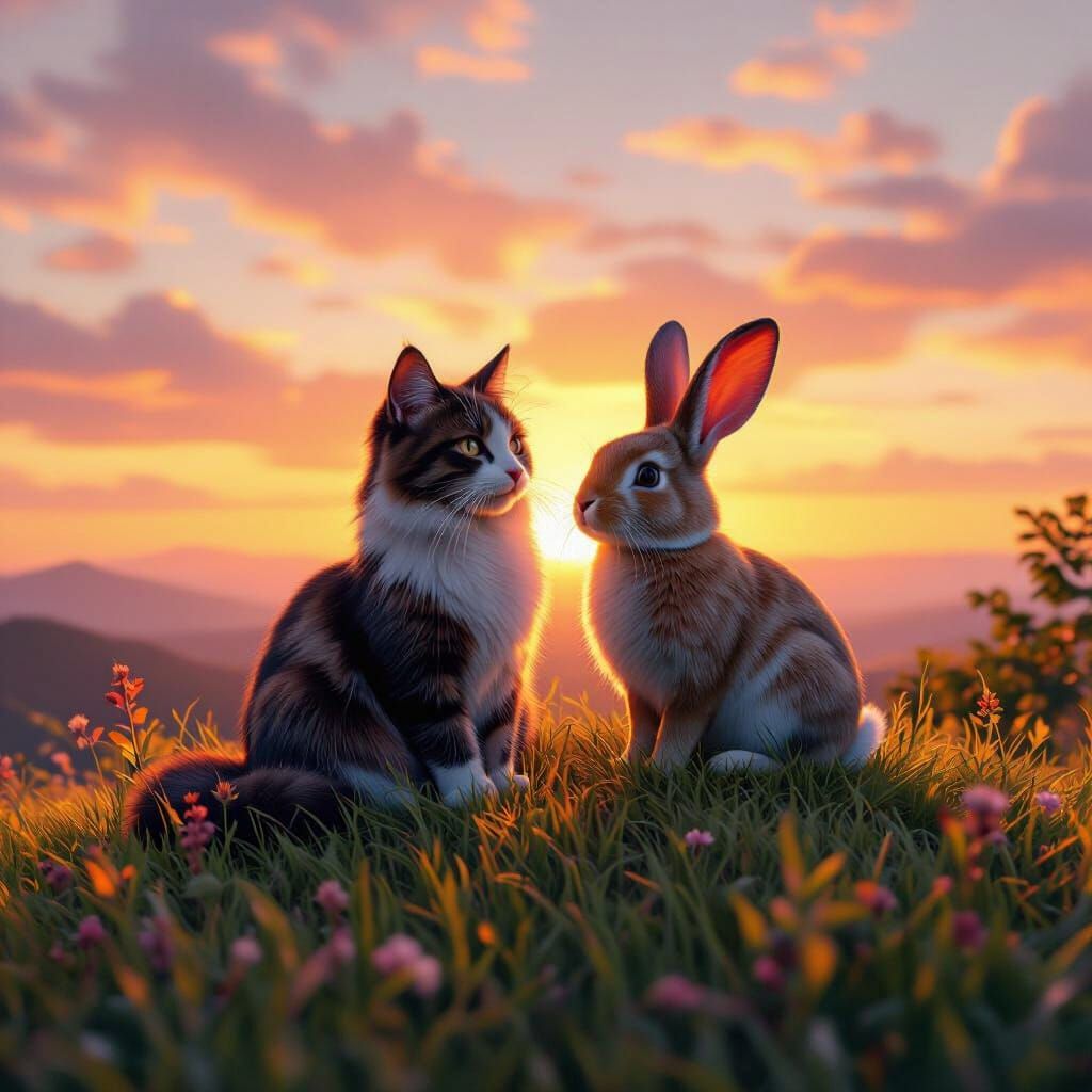 Cat and Rabbit Sunset: Matte Painting Style