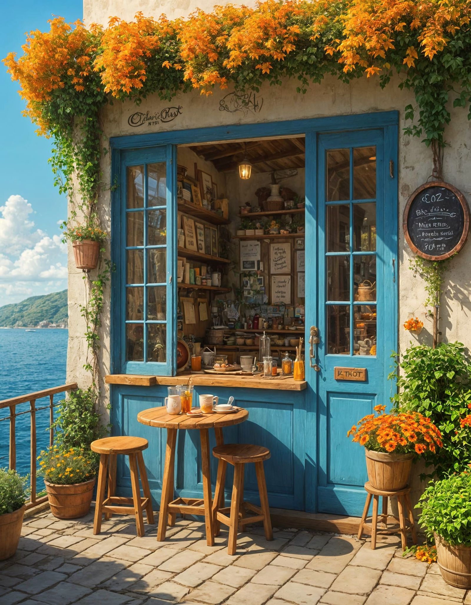 Charming Seaside Café in Autumn, Anime Style