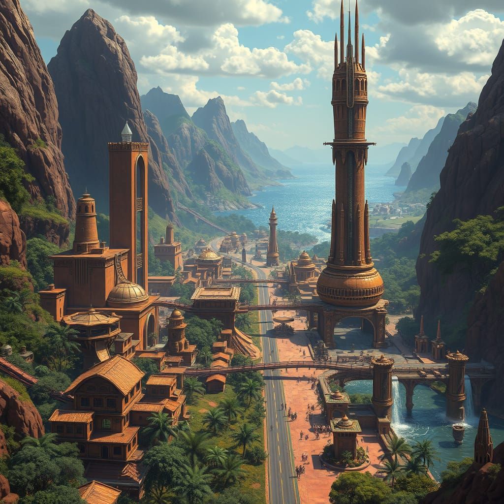 African Inspired Fantasy City with Ocean and Mountains