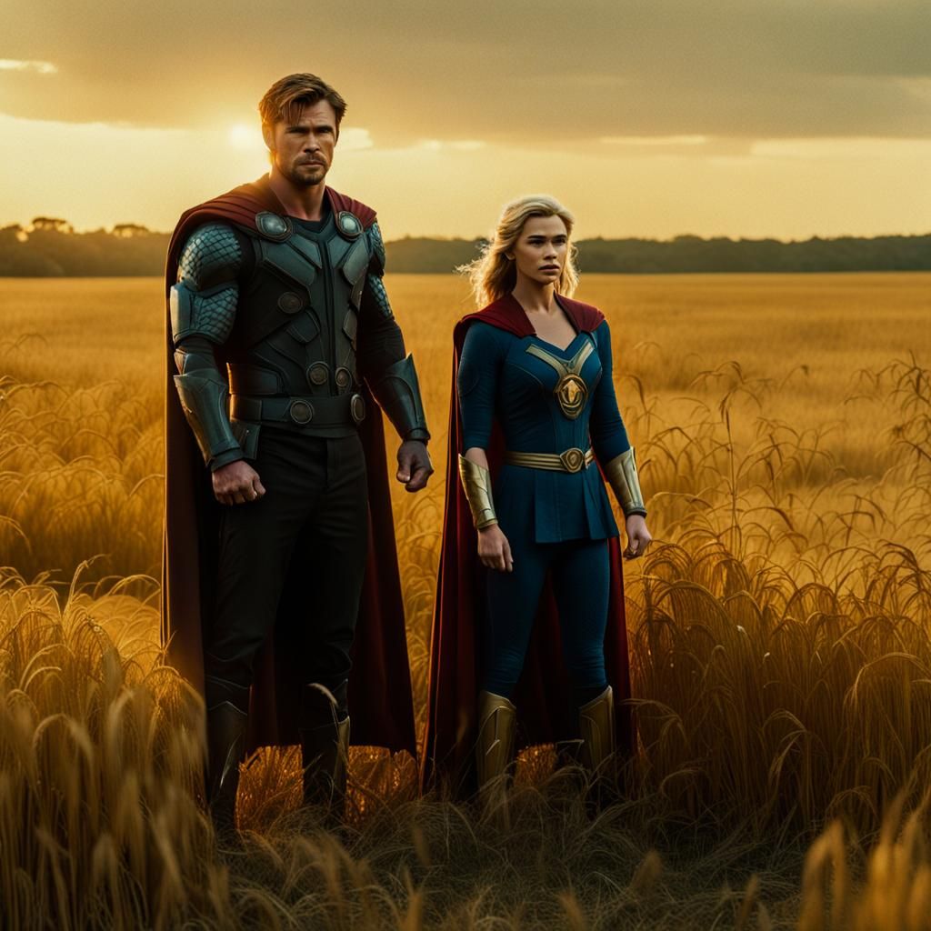 Superheroes in Golden Field at Sunset: Cinematic Still