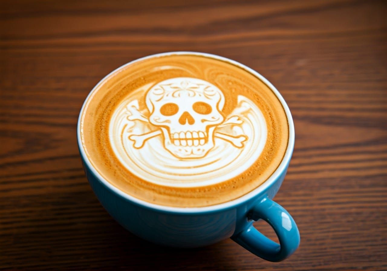 Latte Art Sugar Skull in Steaming Coffee Cup