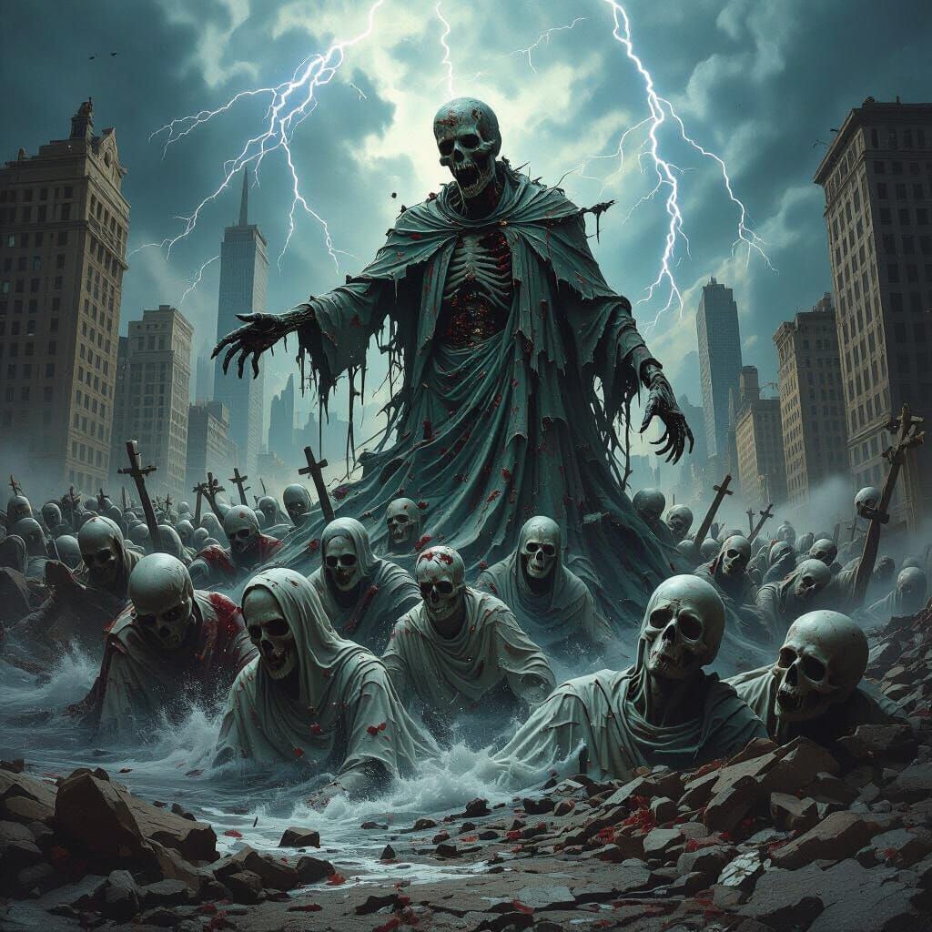 Surreal Zombie Tide of Religious Icons in Ruined City