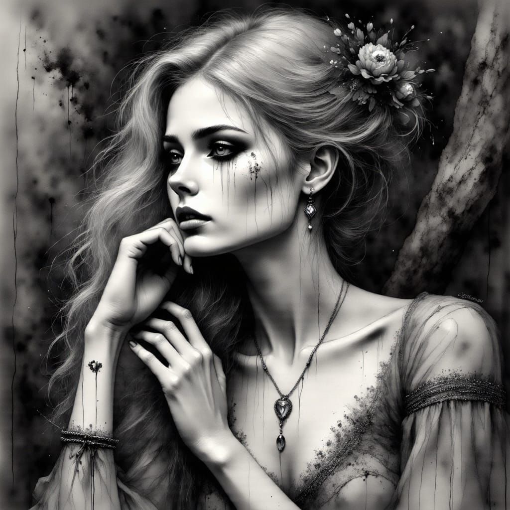 Flaxen-Haired Norse Goddess in Monochrome Charcoal